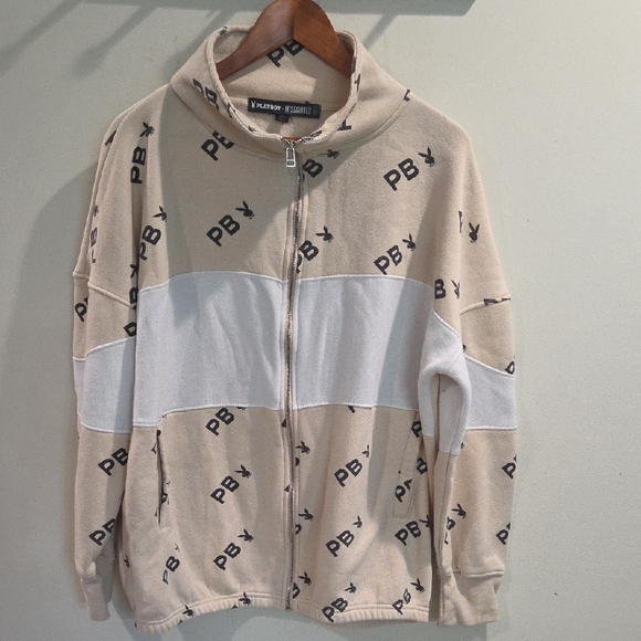 PLAYBOY Beige and White Zip-Up Jacket - Picture 1 of 4